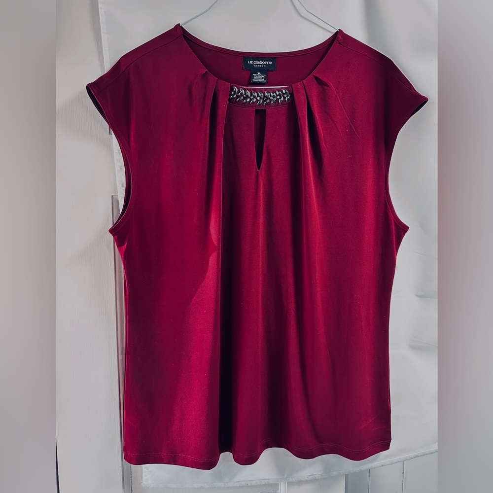 Lis Claiborne decorated neckline burgundy blouse.
